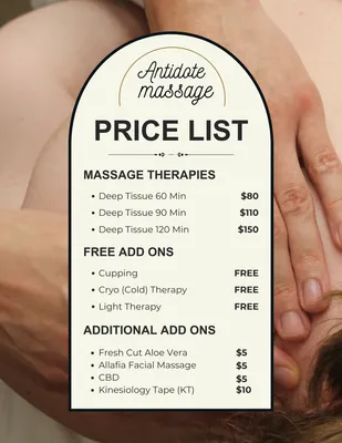 Antidote Massage Price List