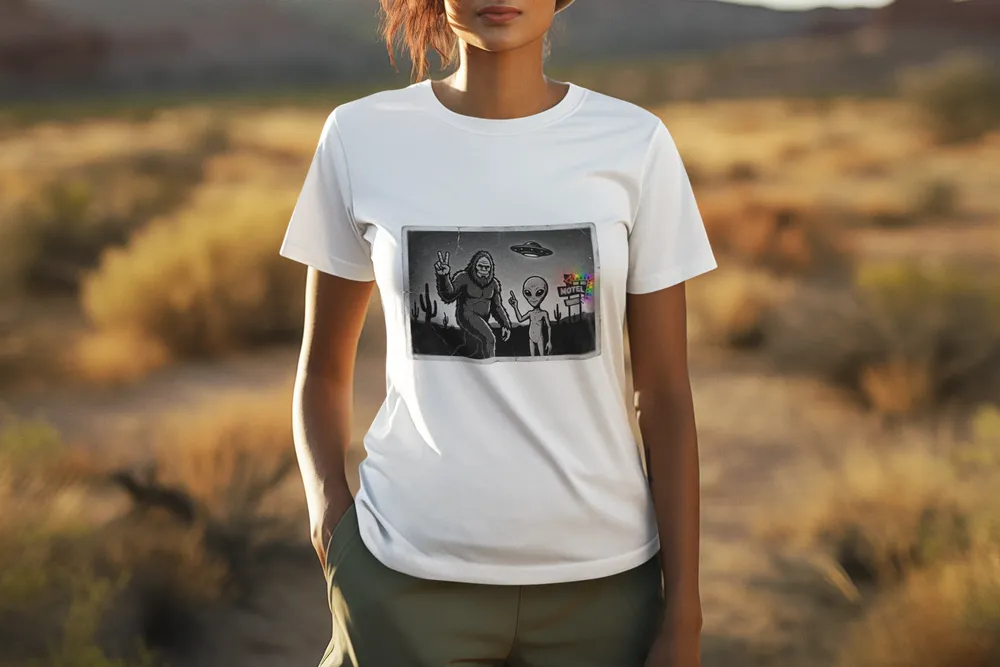 Close Encounters Motel-t-shirt-mockup-of-an-ai-generated-lesbian-standing-in-an-open-field-m36194