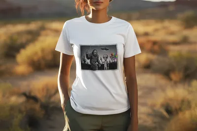 Close Encounters Motel-t-shirt-mockup-of-an-ai-generated-lesbian-standing-in-an-open-field-m36194
